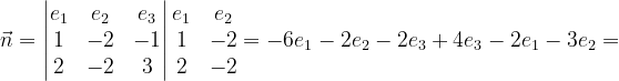 \dpi{120} \vec{n}=\begin{vmatrix} e_{1} & e_{2} &e_{3} \\ 1 & -2 &-1 \\ 2& -2 & 3 \end{vmatrix}\begin{matrix} e_{1} & e_{2}\\ 1 & -2\\ 2 & -2 \end{matrix}=-6e_{1}-2e_{2}-2e_{3}+4e_{3}-2e_{1}-3e_{2}=